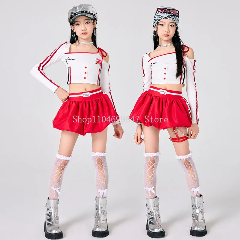 الفتيات K-pop جميل المحاصيل الأعلى الهيب هوب التنانير الحمراء القوس عرق السراويل الاطفال في سن المراهقة الشارع الشهير الأطفال الجاز زي فتاة مجموعة الأزياء مجموعة