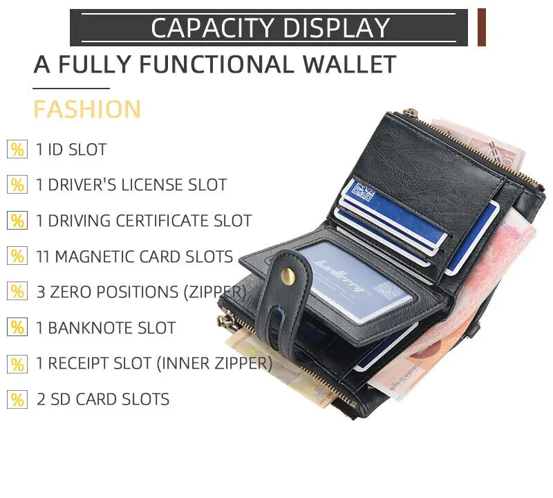 محفظة رجالية قصيرة ثنائية الطي من جلد البولي يوريثان وحامل بطاقات بسحاب مزدوج وسلسلة مضادة للسرقة وجيب للعملات المعدنية مع نافذة لبطاقة الهوية #3