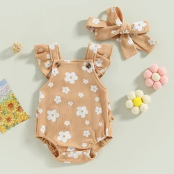 Baby Girl Summer Suspender Bodysuits Jumpsuit Set Sleeveless Casual Floral Print Ruffled Flying Sleeve Rompers With Headband