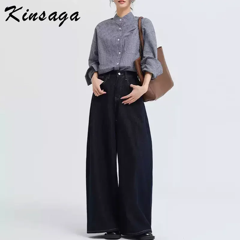 Kinsaga Deep Blue Loose Wide Leg Jeans Women Korean Pear Shape Straight Mopping Denim Pants Tall Girls Extra Long Trousers