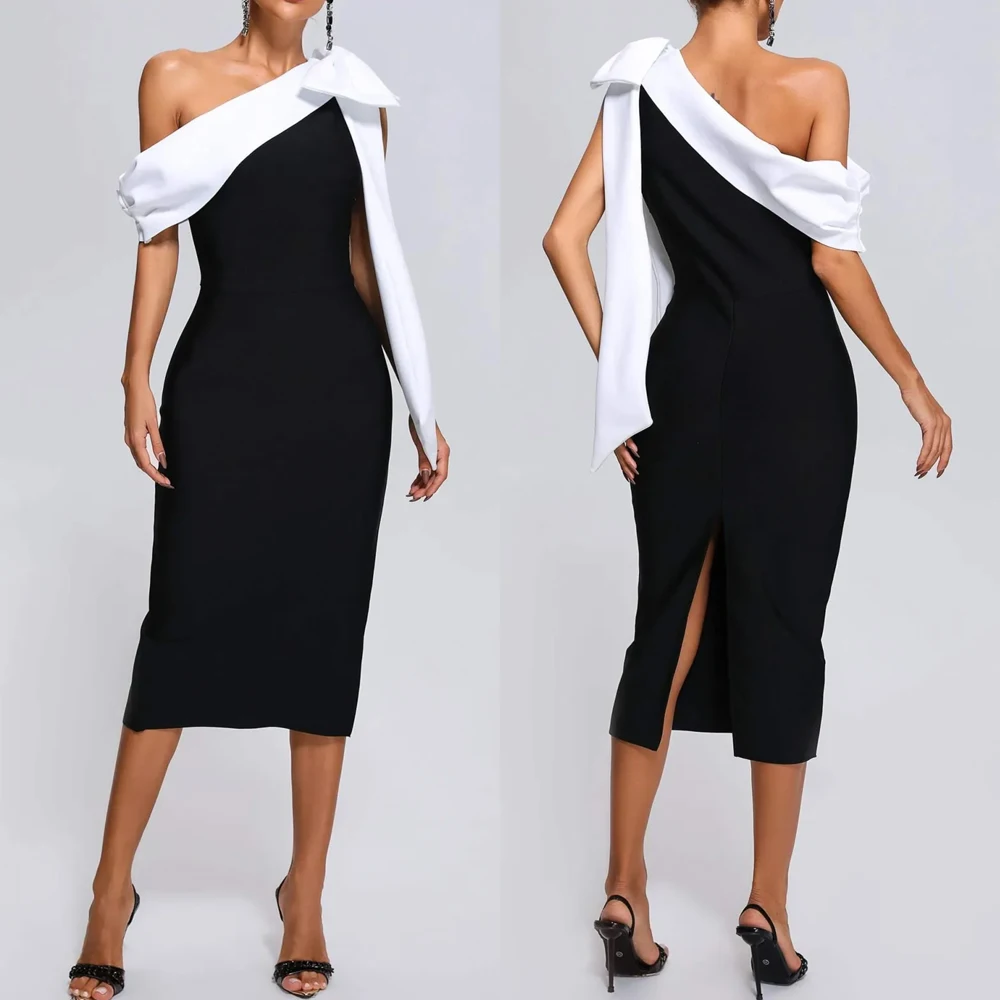 

Customized Black One Shoulder Bow Midi Dress A-Line Evening Dresses Formal Exquisite High Quality Prom Party Gowns for Women