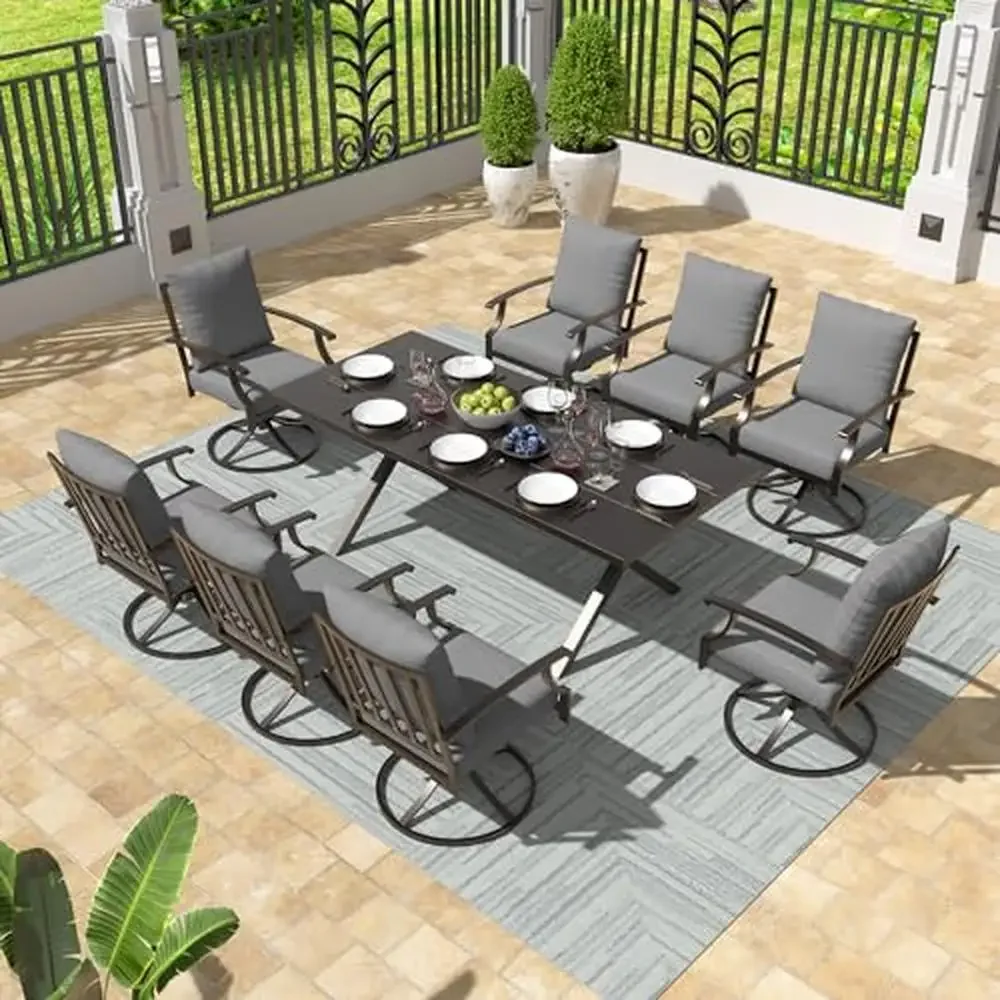 Outdoor Dining Set 9 Piece Patio Furniture with Swivel Chairs Rectangular Table and Umbrella Hole Garden Dining Set Strong Metal