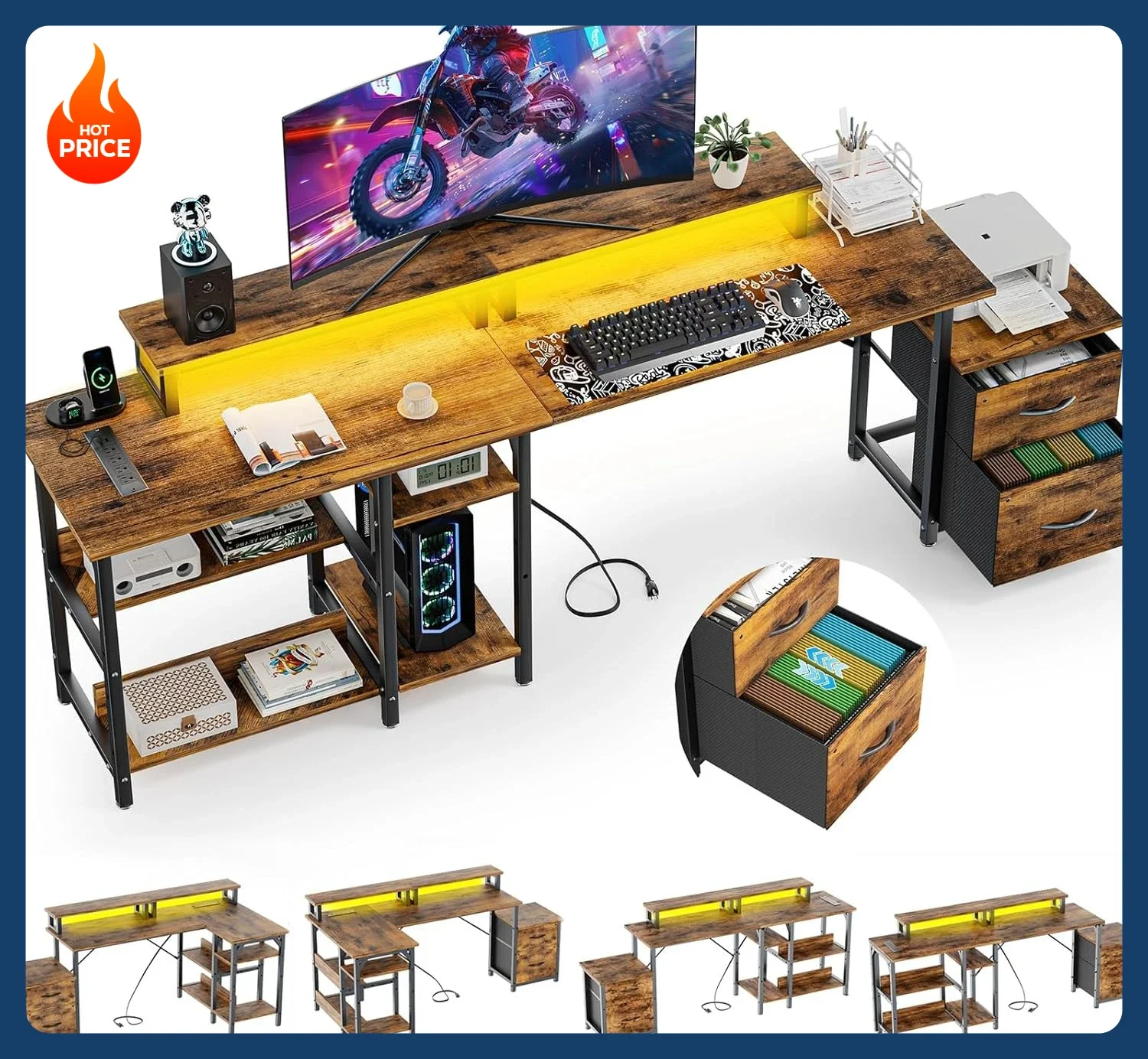 

[Горячая распродажа! ] Стол для домашнего офиса 69,3 дюйма с местом для хранения вещей, двусторонние L-образные компьютерные столы, угловой игровой офисный стол с 2 ящиками для файлов