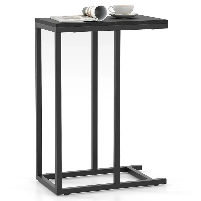 Industrial C Shaped End Table, Vintage MDF Top With Steel Frame, Narrow Sofa Side Table For Laptop Snacks, Living Room Bedroom Accent Furniture, Black