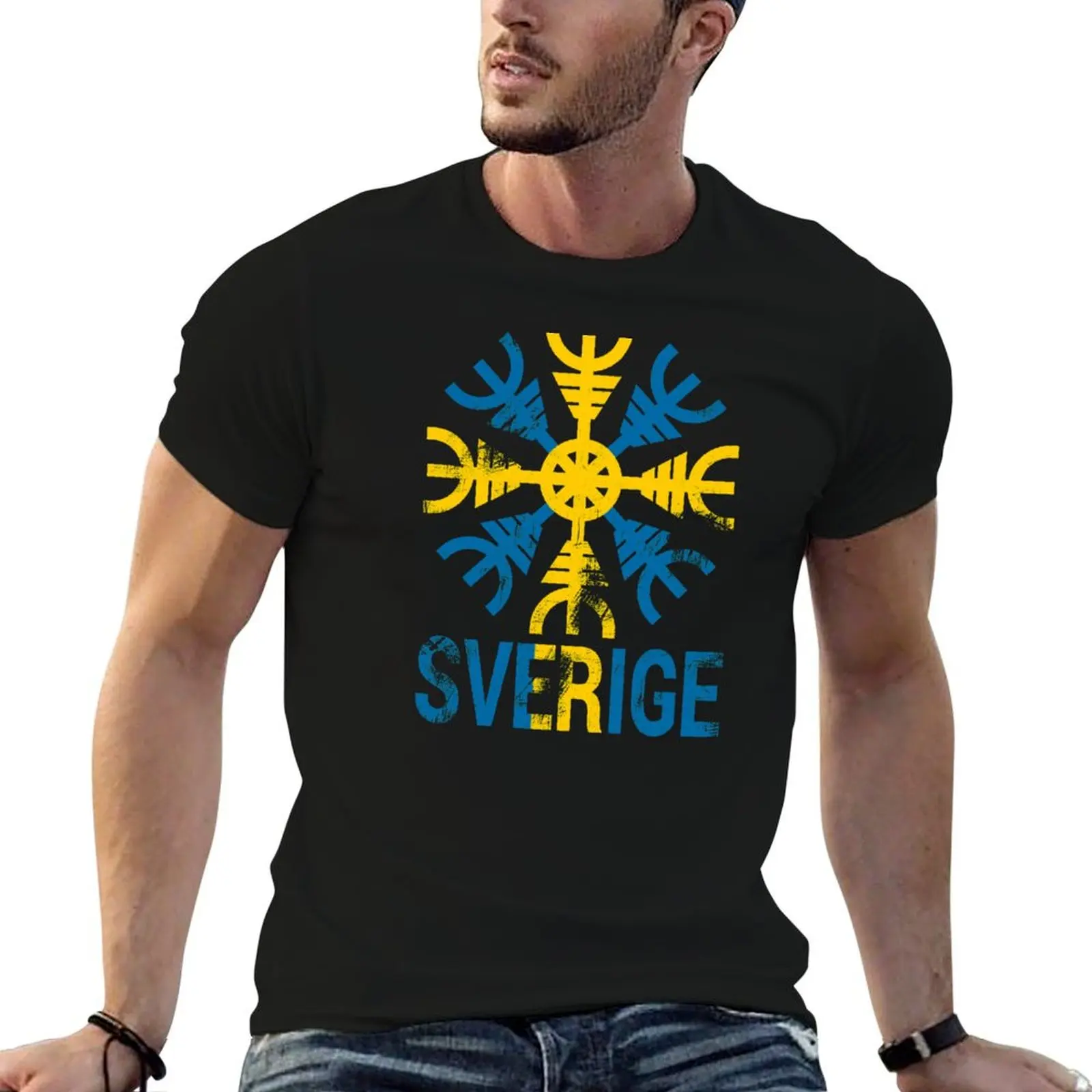 T-shirt en coton à manches courtes, décontracté et doux, avec drapeau suédois et casque viking de la terreur