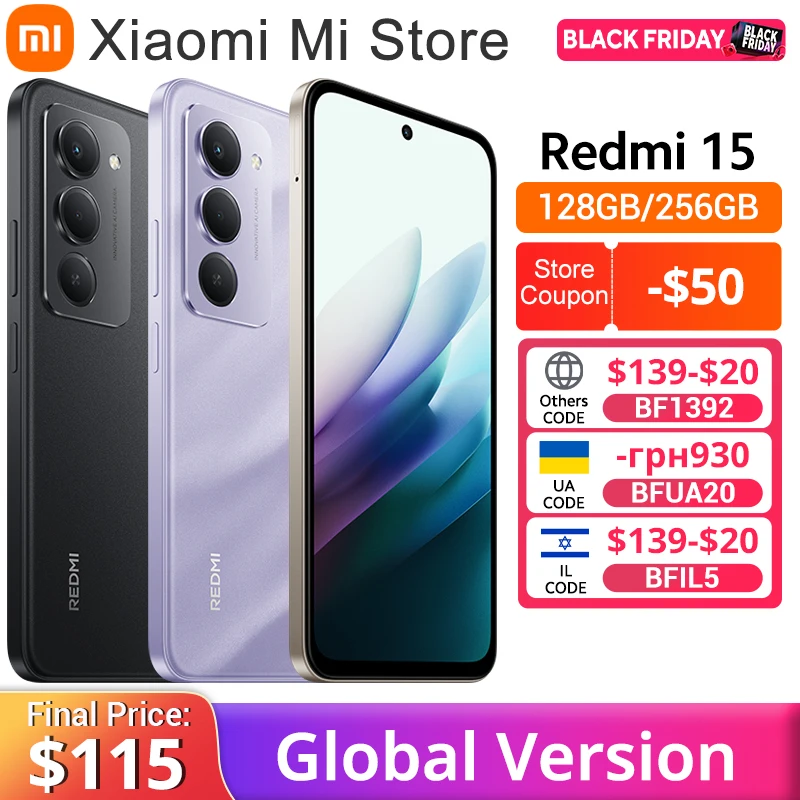 【Brand+】Redmi 15 Global Version Smartphone 6.9" 50MP 7000mAh battery 33W fast charging IP64 Snapdragon® 685 Mobile Platform