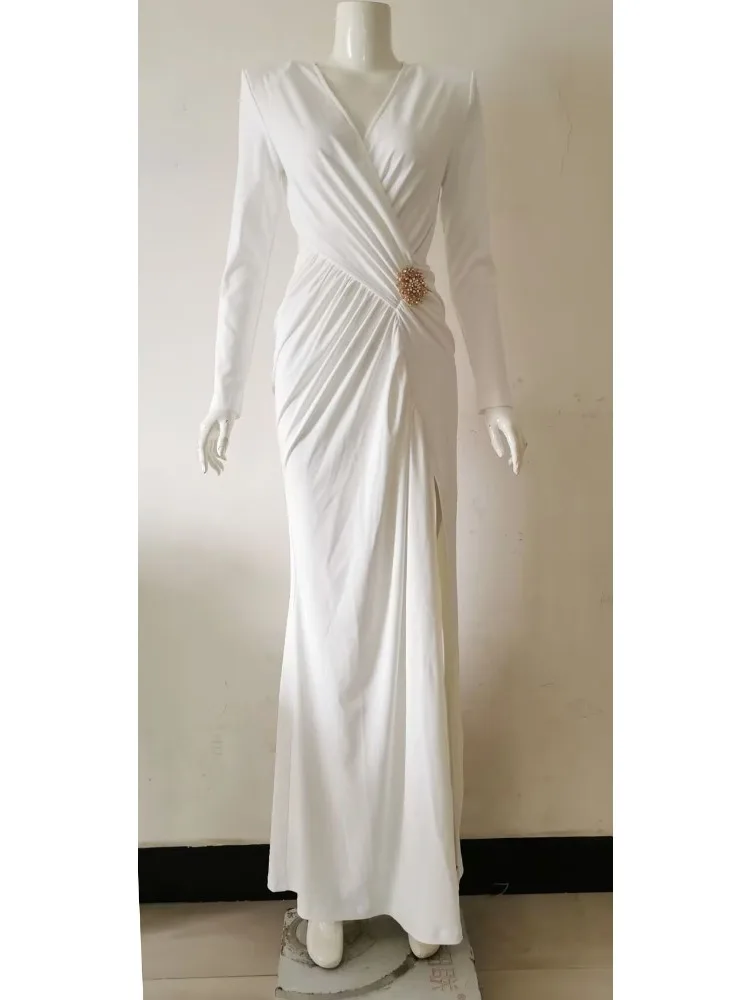 BEVENCCEL 2023 New Women's White Long sleeved Sexy V-neck Pleated Hollow High Split Elegant Celebrity Party Long Evening Dress