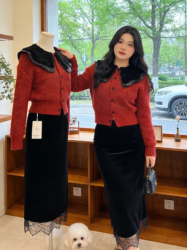

Spring 2026 Large Size Women's Knitted Sweater And Half Skirt Set Doll Collar Two Piece Suit Korean Style Commute Fashion