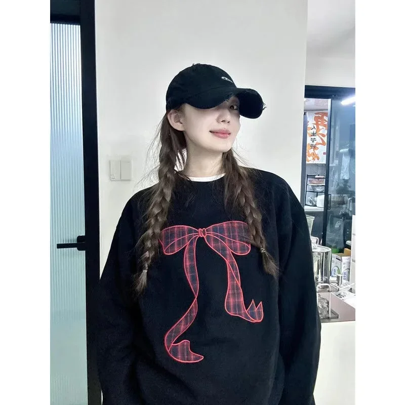 Elegant Kawaii เสื้อผู้หญิงสีดํา Bow Preppy สไตล์เสื้อแขนยาวหวาน Oversize Casual สุนทรียศาสตร์ Pullovers
