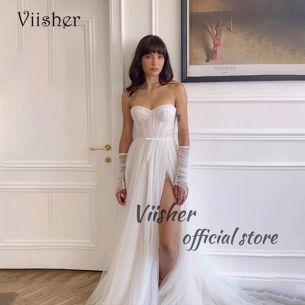 

Viisher Simple Tulle Long Wedding Dresses Sweetheart High Split Beach Bridal Gowns Civil Bridesmaid Bride Dress Lace Up Back