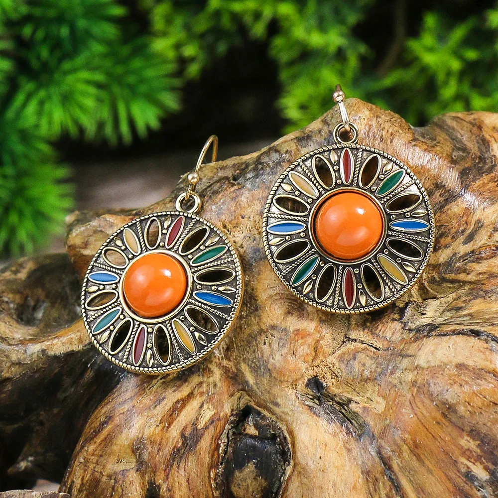 New Bohemian Alloy Earrings Round Drop Oil Multicolor Diamonds Sun Flower Distinctive Embellishment Gifts Party