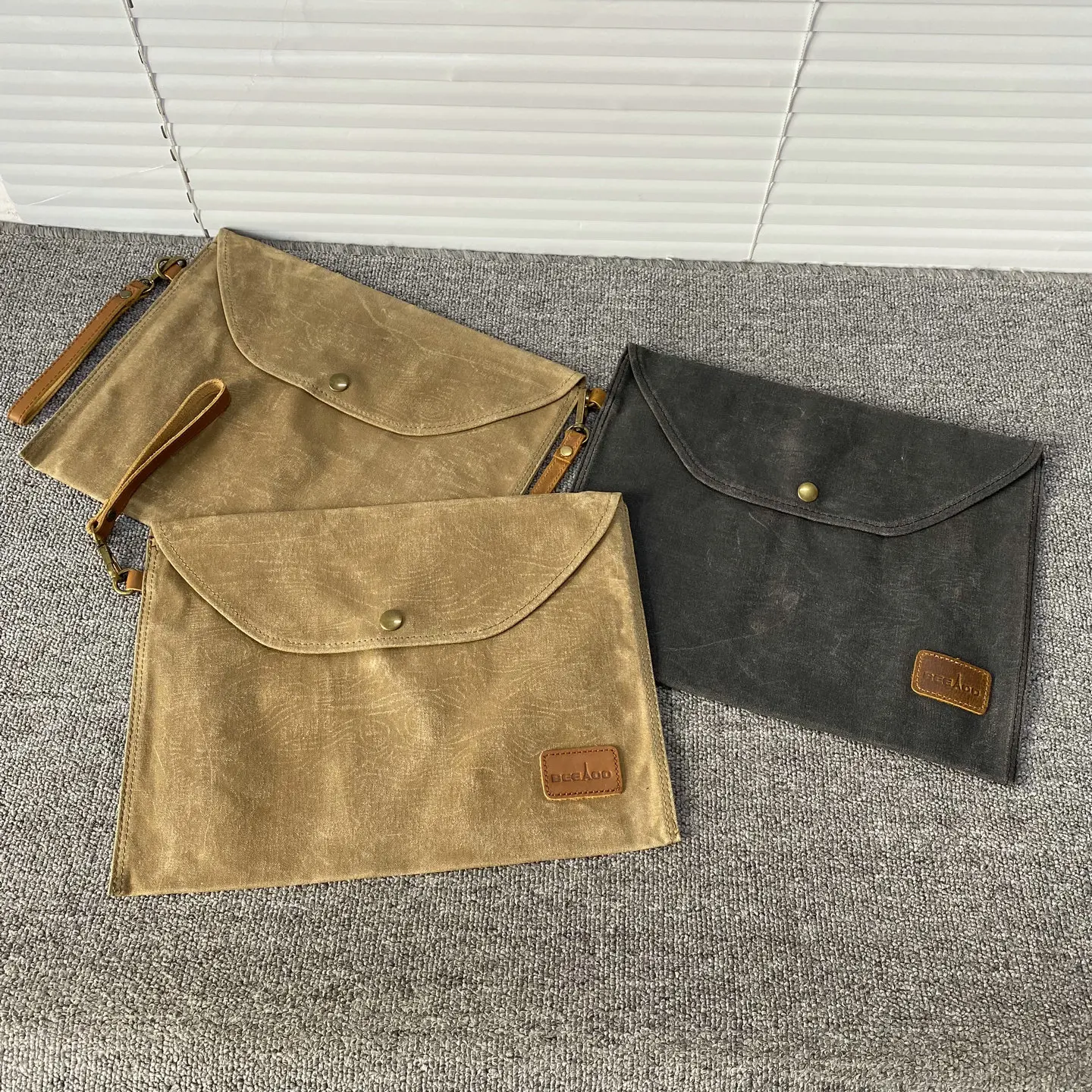 Vintage Distressed Waxed Canvas Tool Pouch Top Layer Leather Handheld Organizer Bag Snap Button Large Capacity Document Holder