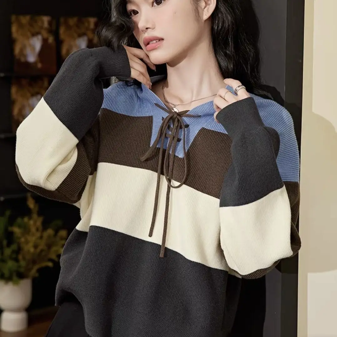 Kimutomo 2026 Women Color Block Retro Stripe Sweater 2026 Autumn Winter New V Neck Loose Thin Knit Top Ins Stylish Pullover