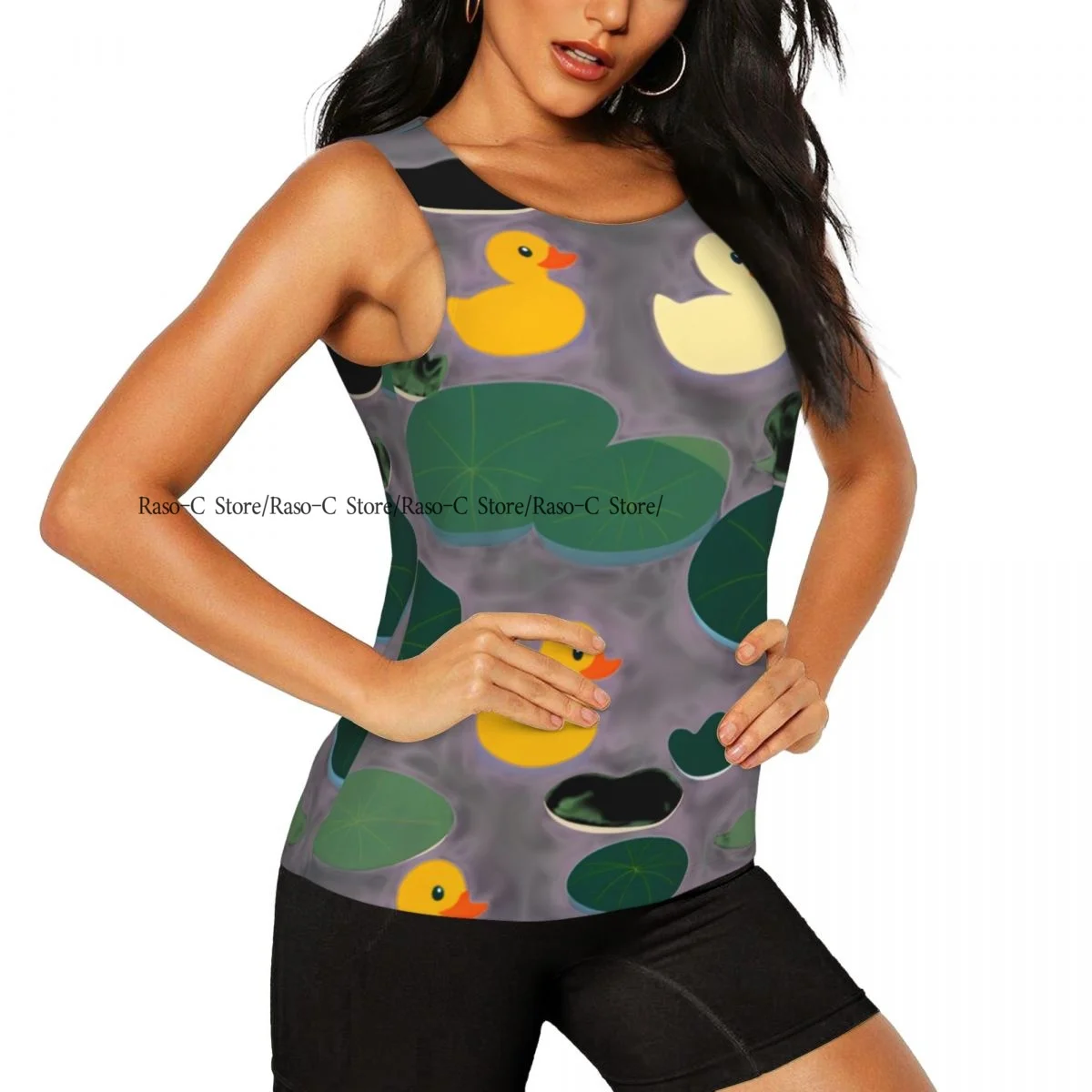Women Casual Sport Yoga Vest Playful Duckling And Pond Pattern Quick Dry Running T-shirt Training Workout Gym Sleeveles