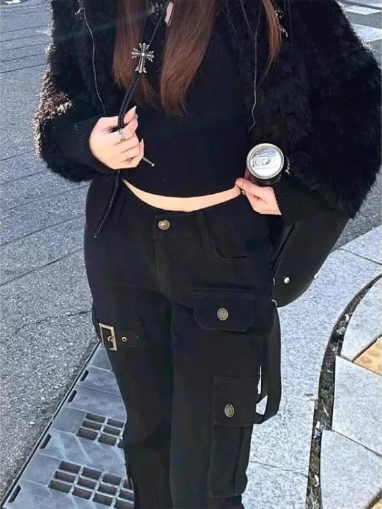 Preto sino inferior jeans para mulheres cintura alta vários bolsos calças retas 2025 primavera novo solto perna larga alargamento calças