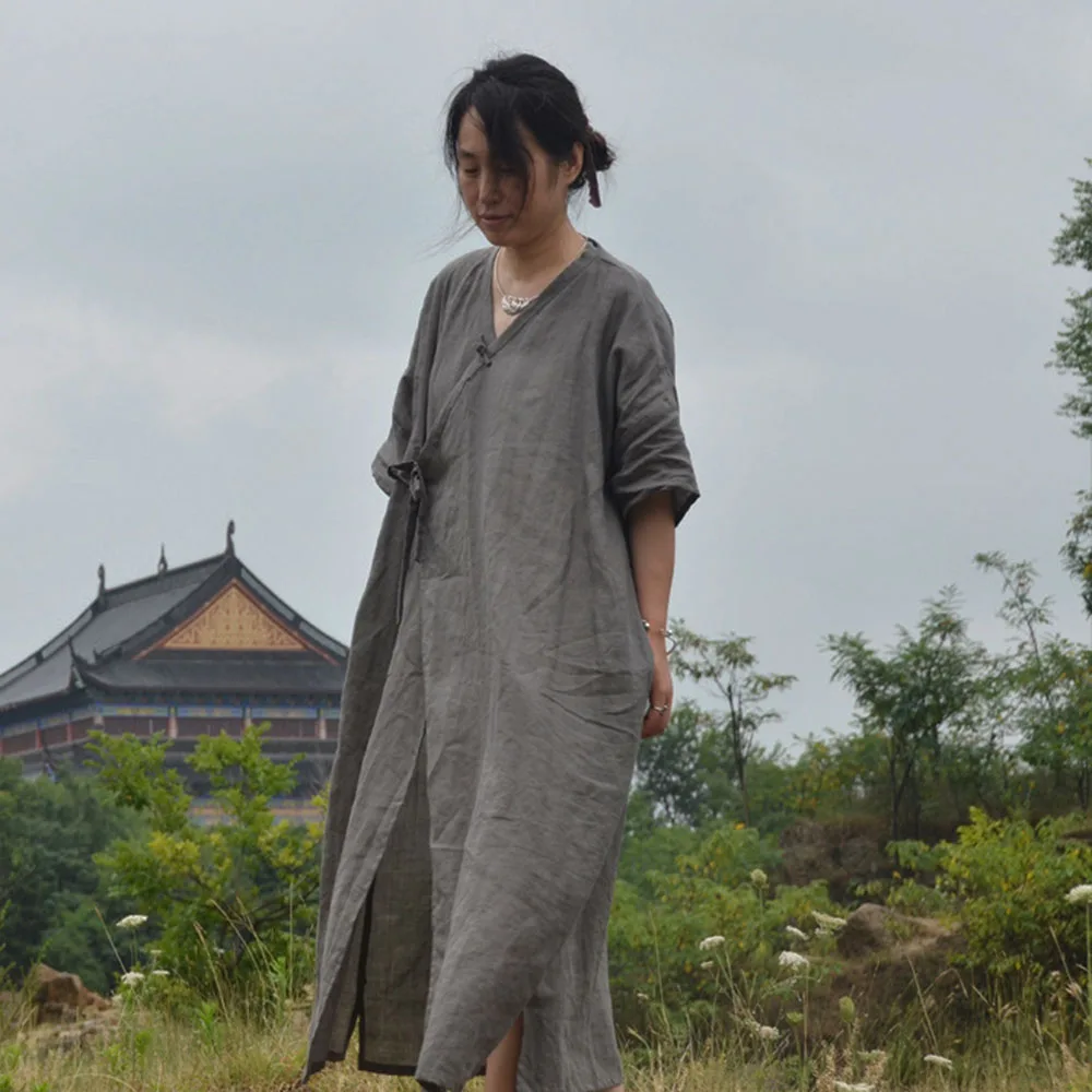 

High-Quality Ramie Cardigan Jacket Womens Windbreaker Retro Chinese Hanfu Loose Outwear Frog Button Side Tie Long Robe Summer