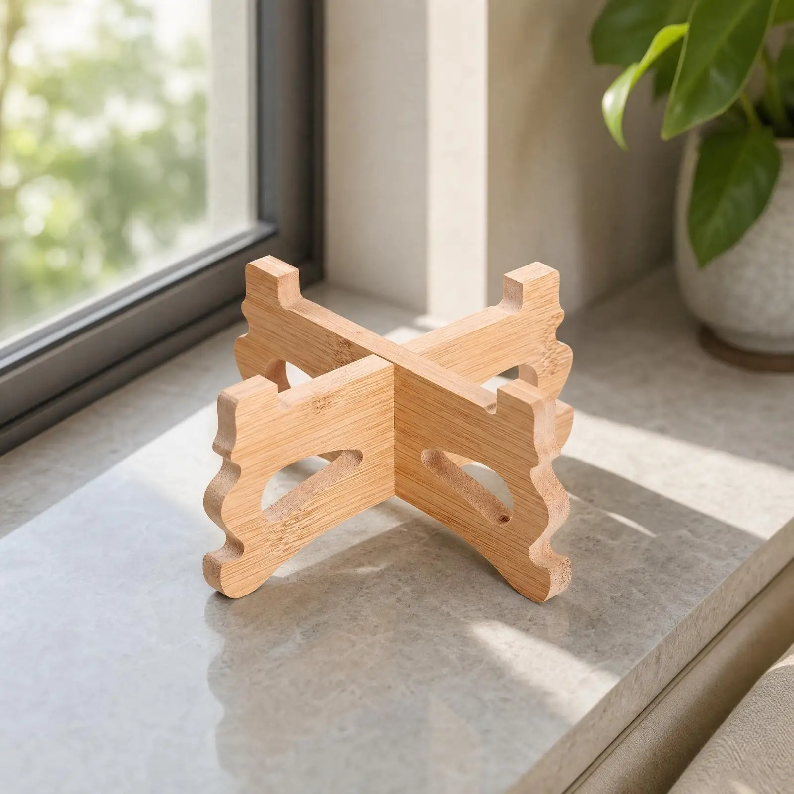 Bamboo Plant Display Stand Round Wooden Flower Pot Riser for Indoor Tabletop Decorative Shelf for Living Room Home