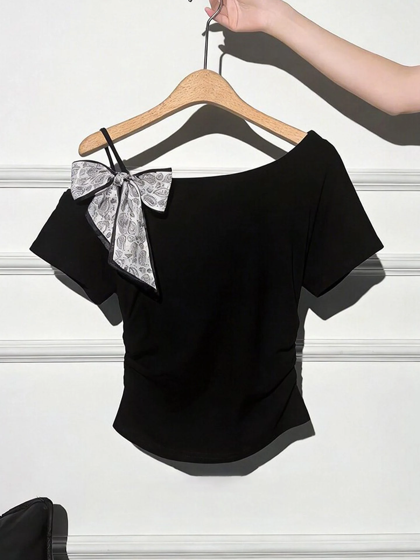 

Summer Slimming Fashionable Short Sleeve T-Shirt with Knot Tie Side Shoulder Design Versatile Workwear Style Regula...