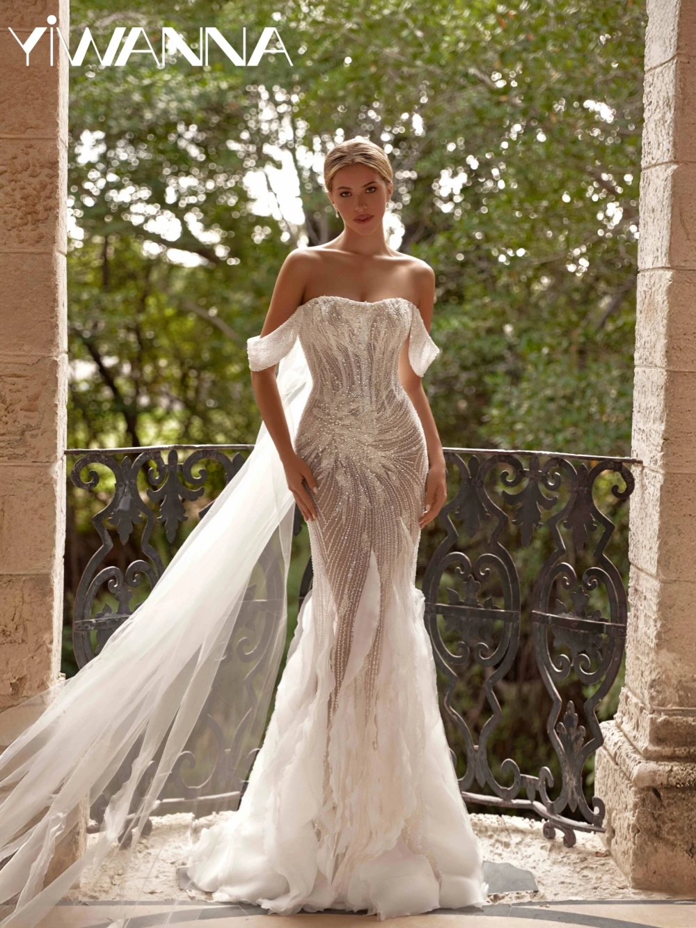 

Opulent Ruffled Beaded Off Shoulder Wedding Dress With Cape Charming Mermaid Long Bridal Gown Customized Dresses For Bride