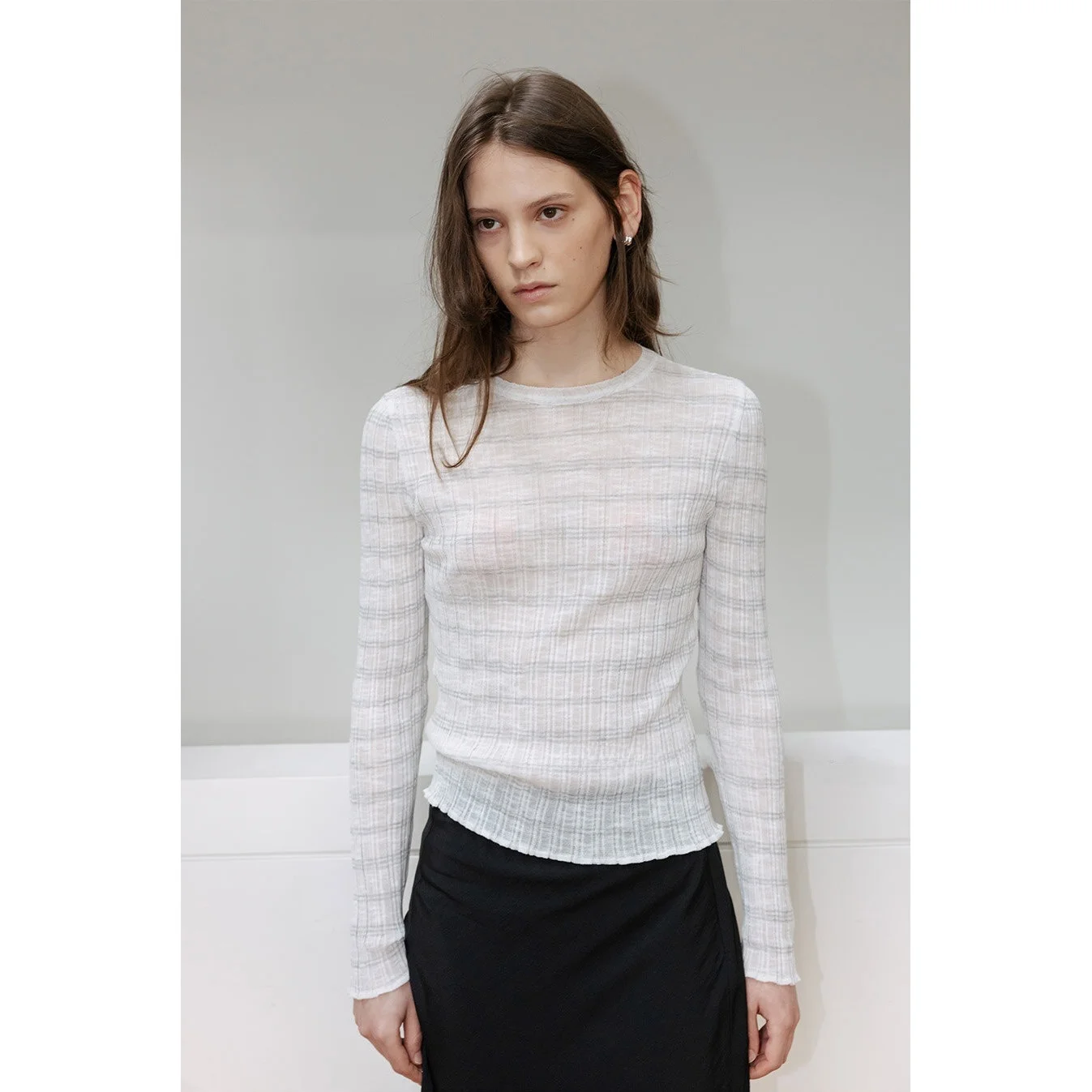 Slim Fit Knitted round Neck Pullover Shirt Commute Style Elasticity Fashionable Slimming Base Shirt Small Shirt Checkered Pat...