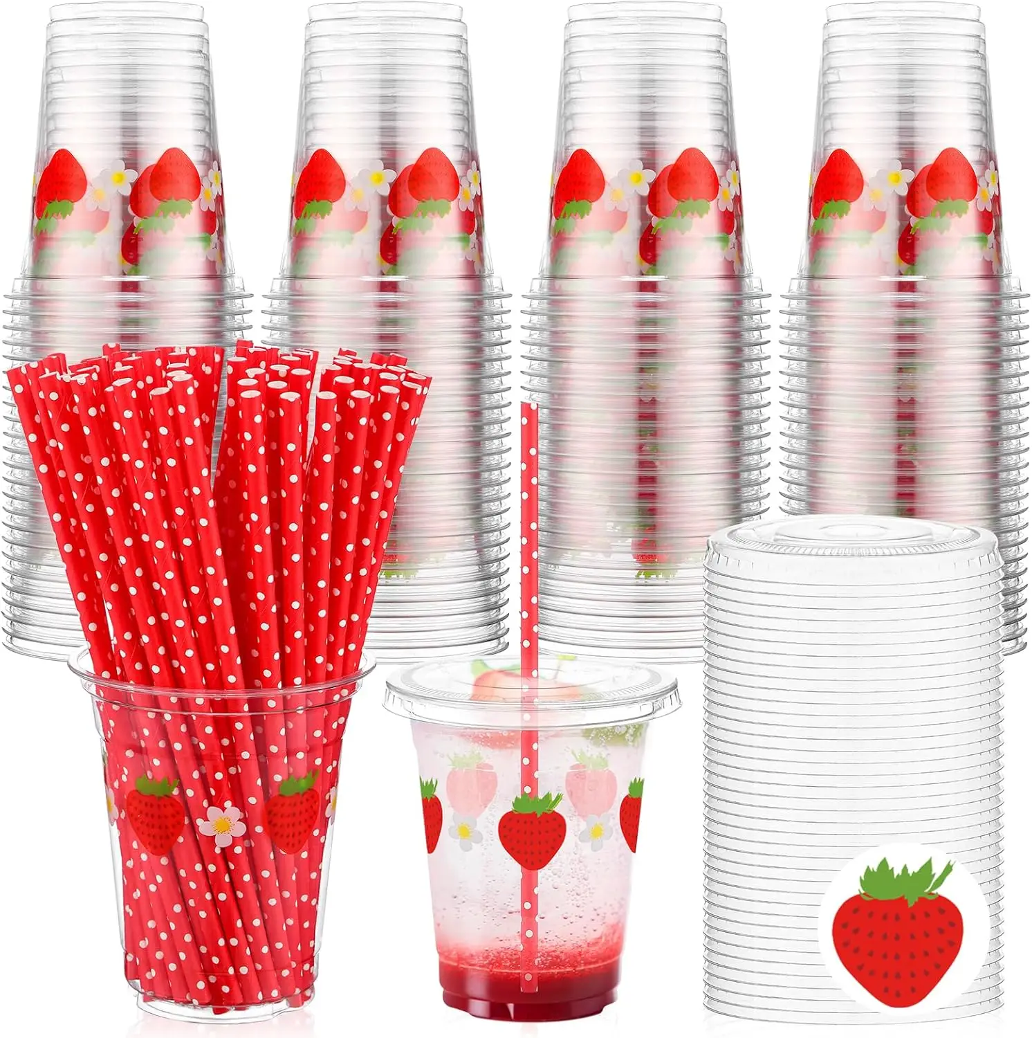 

100 Set 12 oz Strawberry Disposable Plastic Cups with Lids and Straws Transparent Strawberry Party Cups for Juice Water