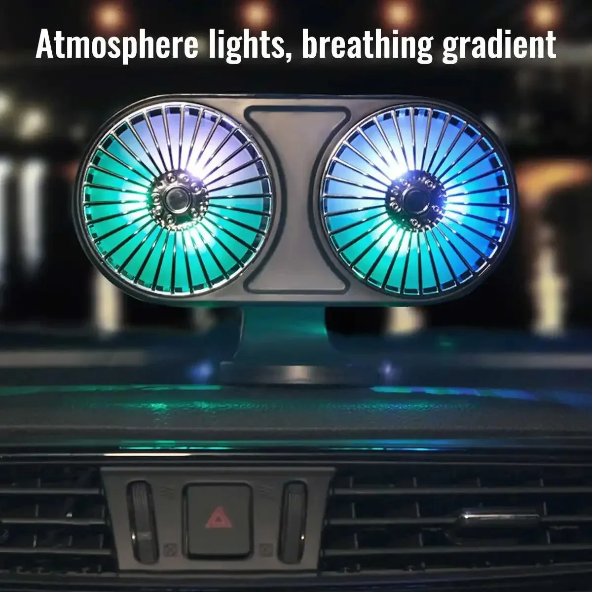 10W Double Head Fan USB Cooling Multi-angle 3 Speed Wind with Color Atmosphere Lights for Car Dashboard Air Outlet Universal