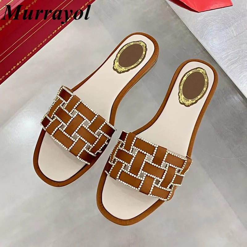 

Satin One Strap Rhinestone Decor Slides Women Open Toe Weaving Design Flat Heels Slippers Summer Vacation Shoes Dress shoes