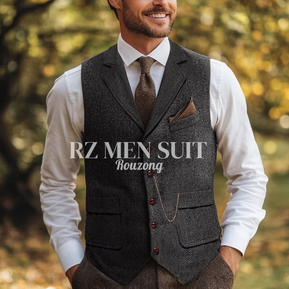 Fotografia 3: Colete Masculino de Tweed com Estampa Chevron, Ajuste Padrão, Lapela Notch, Abotoamento Simples com Cinco Botões