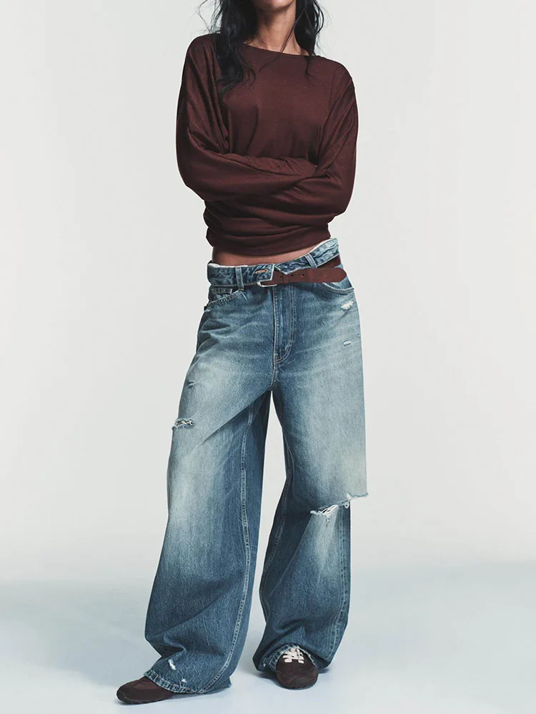 

Spring 2026 Women's Faion Slim Fit Long Sve round Ne T-irt Side Pleated New Arrival Ele Versatile Casual Top