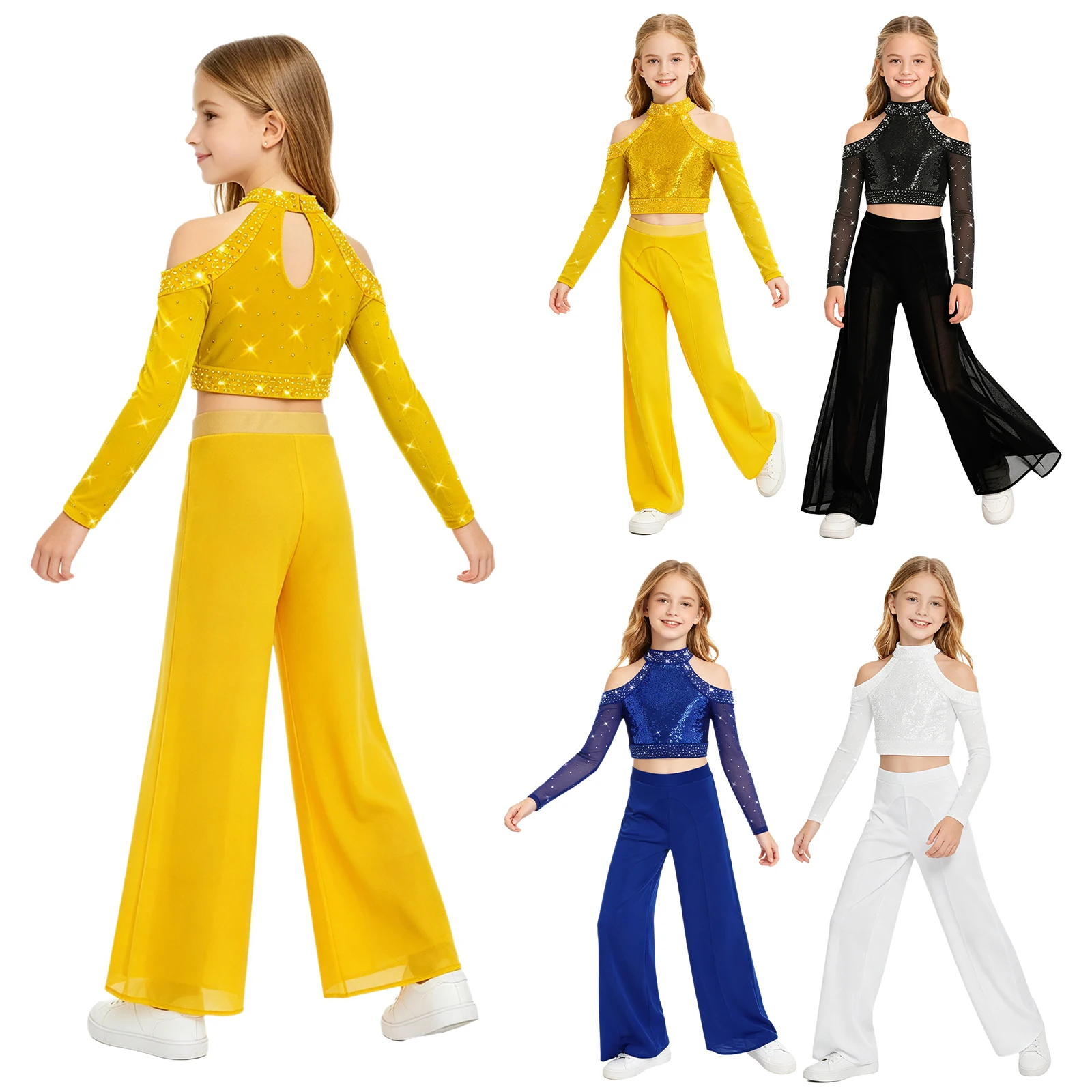 Kids Girls Ballet Dance Set Lyrical Jazz Dance Costume Cold Shoulder Long Sleeve Cutout Out Sequins Crop Top Wide-leg Mesh Pants