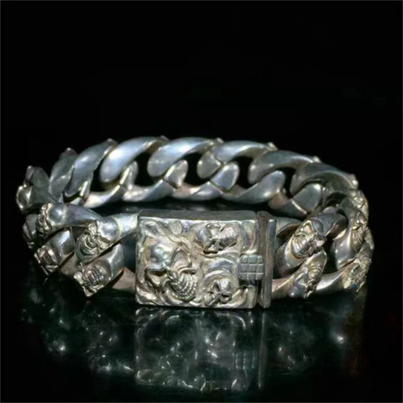 Mai Chuang China Old Tibetan Silver Skull Bracelet Hip-Hop Personality Trend Exquisite Fashion Gift for Men And Women