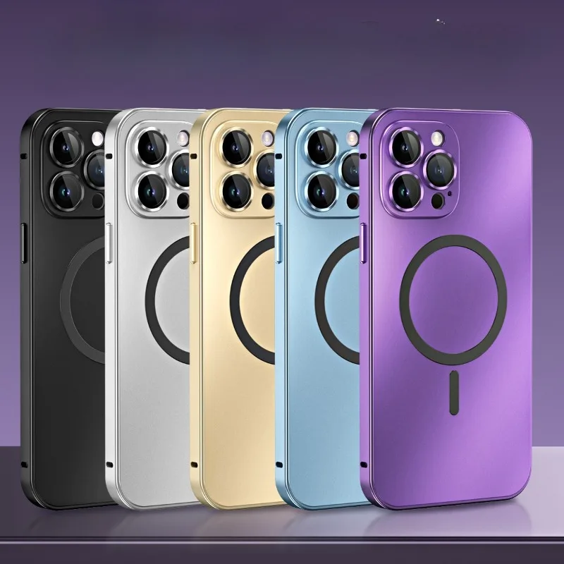 

Magnetic Aluminum Alloy Frame Metallic Paint PC Backplate Glass Lens Film Phone Case For iPhone 15 14 13 12 Pro Max Plus series