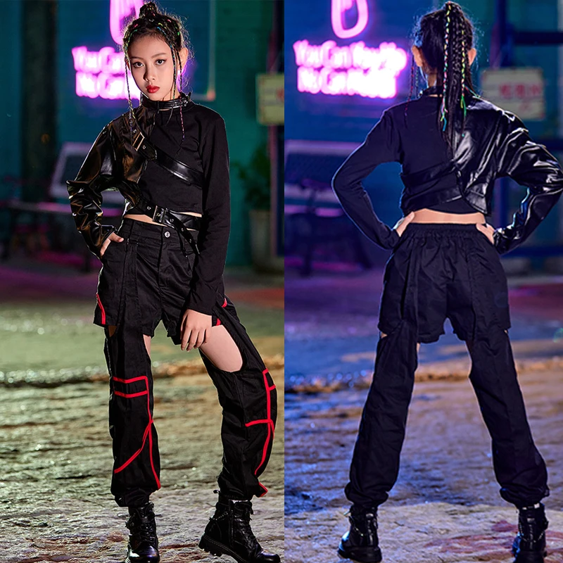 Dance Performance Costumes Kid Hip Hop Clothes  Fashion Leather Single Sleeved Cargo Pants Kpop Clothing For Girls Jazz