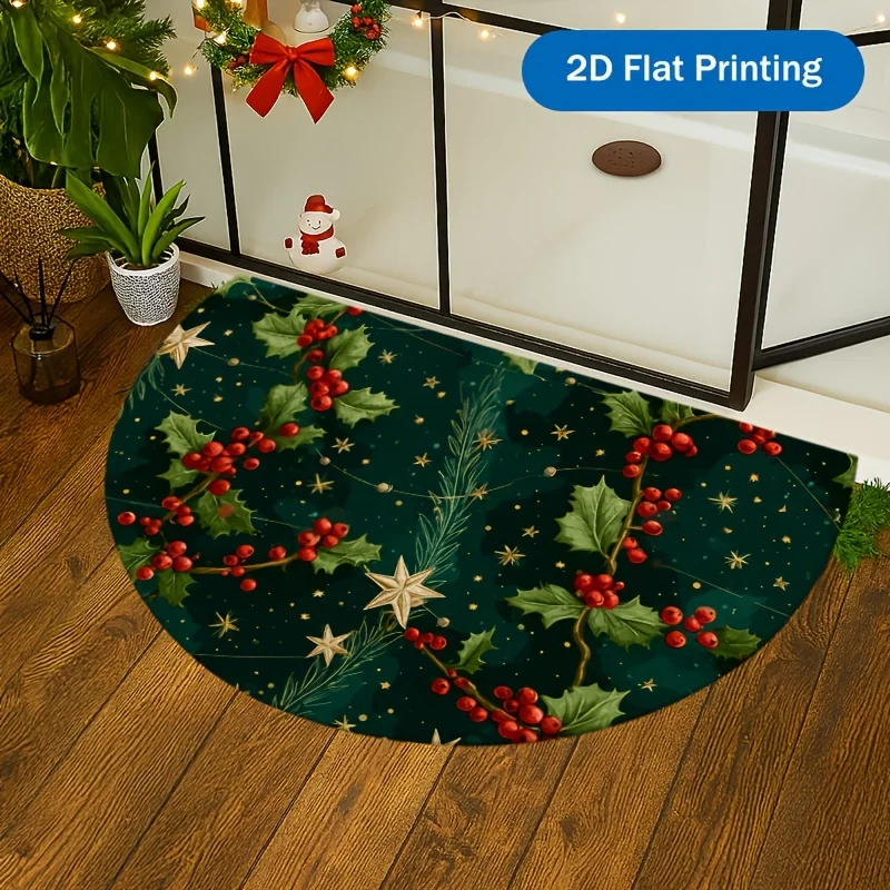 Dark Green Holly Berry Gold Star Accent Rug For Elegant Doorstep Decor Durable Outdoor Floor Mat