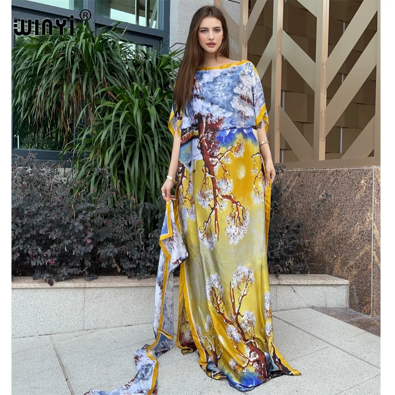 

WINYI 2024 New African Women Dashiki boho print muslim woman dubai Free Size Design With Scarf Maxi Loose African Elegant Dress