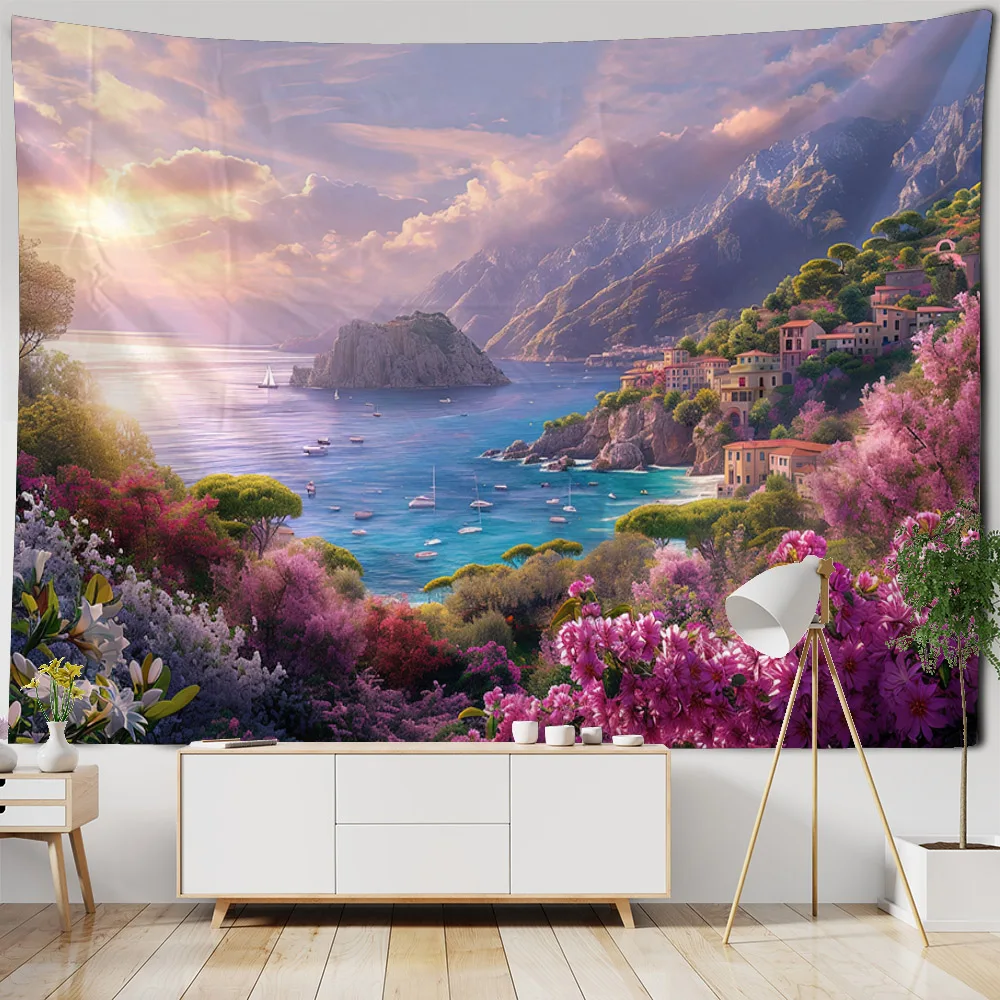 Beautiful seaside scenery tapestry wall hanging dreamy castle tapestry home bedroom hanging cloth, beach picnic mat yoga sheets