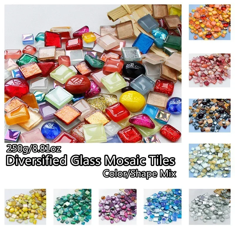 250g/8.81oz Diversified Glass Mosaic Tiles DIY Mosaic Craft Materials Color/Shape Mix Shiny Mosaic Stones Round/Triangle/Square