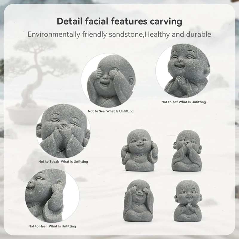 4PCS Laughing Buddha Statue for Good Luck Feng Shui Decor,Cute Small Sandstone Buddha Statue for Home and Aquarium Decor view 5