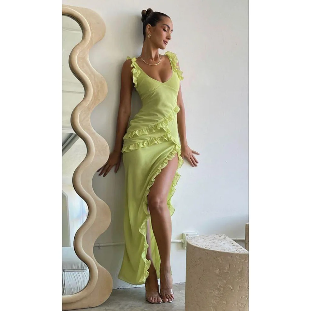 

Romantic Prom Dresses V Neck Vent Pleat High Quality Backless Tea Length Customize Female Gowns Classic Banquet Evening Party