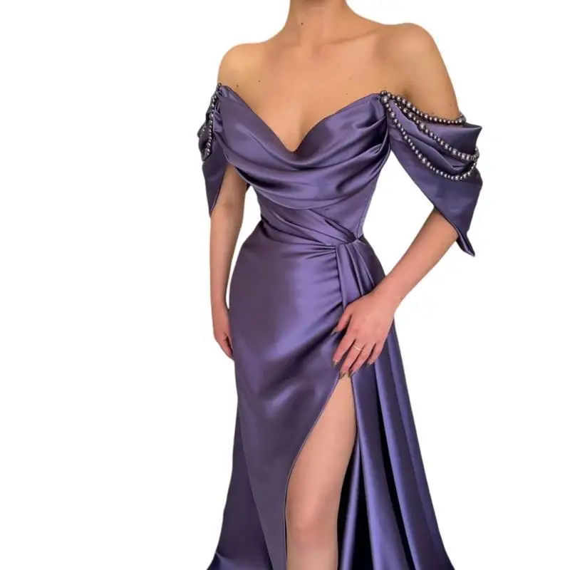 Customized  Purple Split Party Special Occasion Dresses 2025 Cap Sleeve Pearls Long Women Evening Formal Dress Cocktail Gown