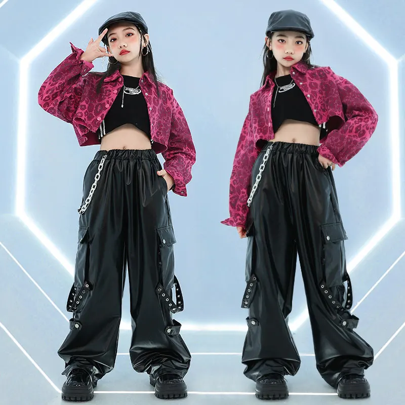 Mädchen K-Pop Leopard Crop Top Hemd Cargo Hosen Kinder Hip Hop Jacke Street Dance Kleidung Sets Kinder Teenager Jazz coole Kostüme