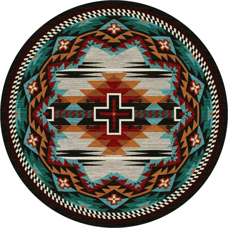 Circular Area Mat Western Aztec Cabin Theme Radiant Geometric Pattern Bold Black Ring Border Non Slip Blanket for Bedside