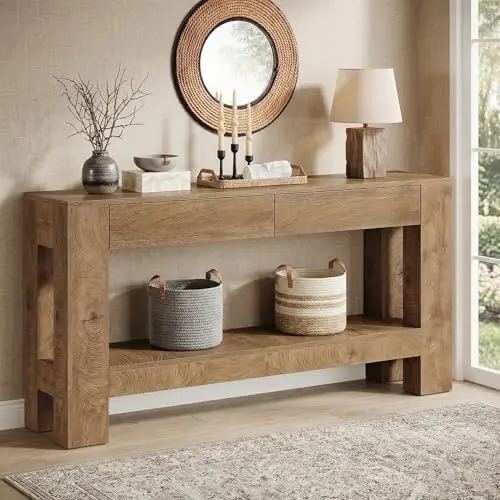 63 Inch Entryway Table with 2 Drawers, Farmhouse Console Table with Storage Shelf, Long Sofa Table Behind Couch for