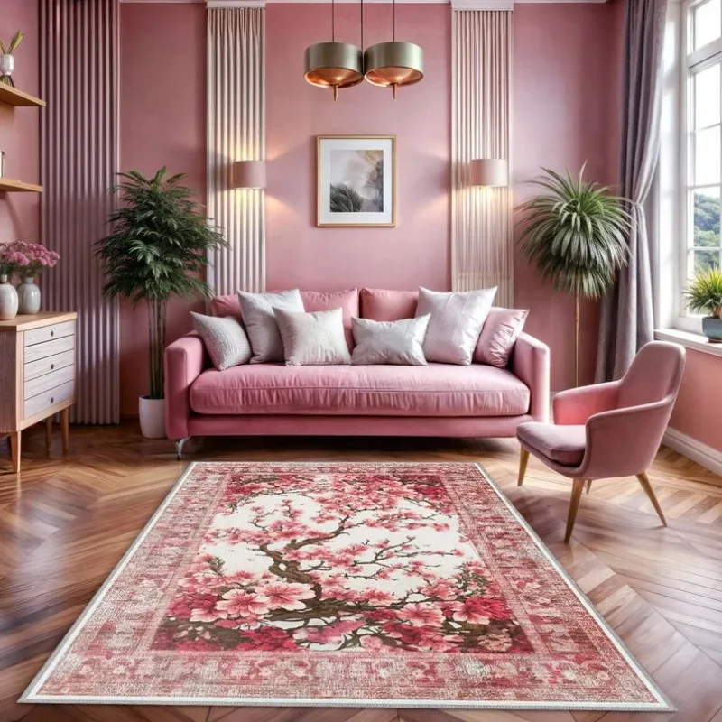 Cherry Blossom Rug Vintage Look Pink Rug Cottagecore Home Decor Cute Rug Cozy Decor Rug for Bedroom Aesthetic Girly Room Decor