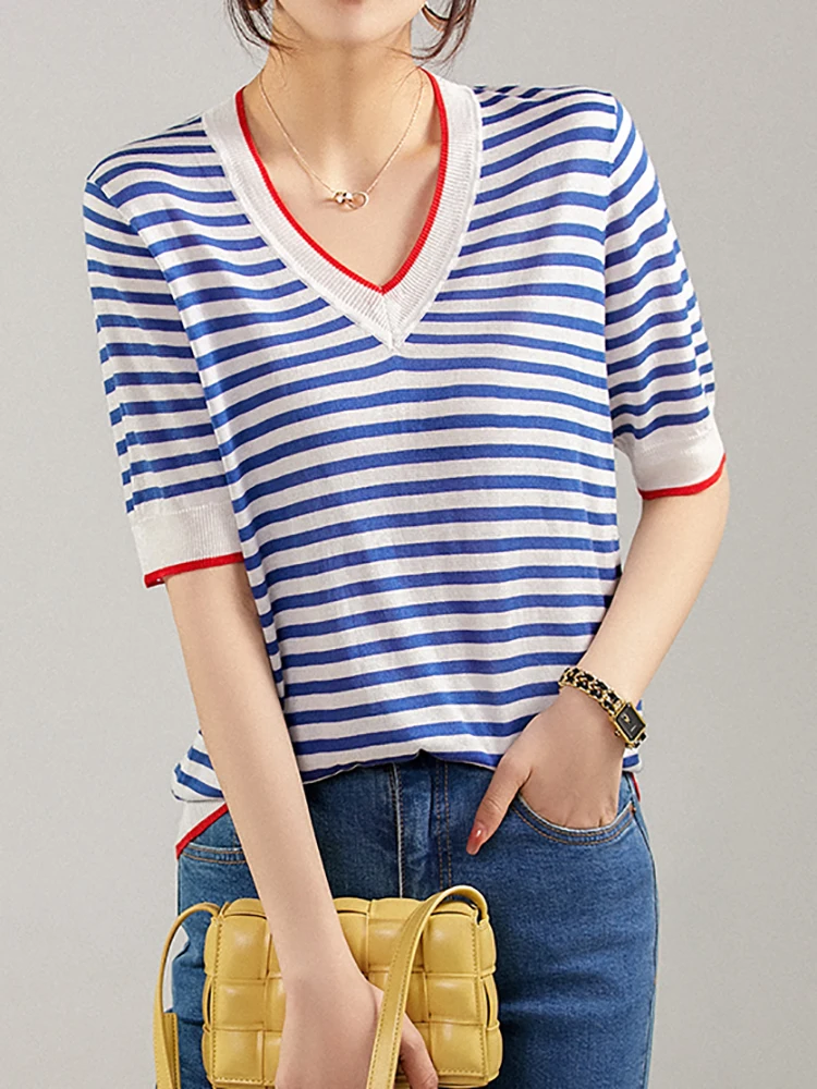 V-Neck Thin Knitted T Shirt Women Hit Color Patchwork Striped Tees Shirt Short Sleeve Summer Tops Korean Fashion Womens Clothing