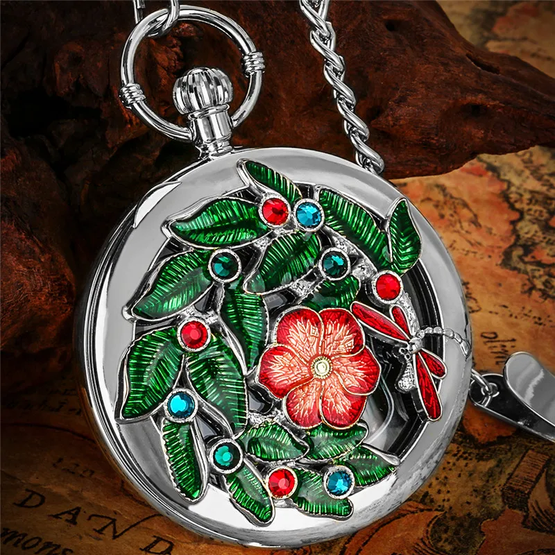 Musikalische Vintage-Quarz-Taschenuhr mit Libellen-Blumendesign spielt Castle in the Sky Melody, perfektes Geschenk für Musikliebhaber – Detail 1