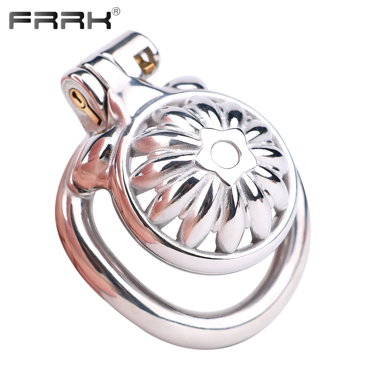 FRRK Small Sunflower Male Chastity Cage with Curved Metal Penis Rings for Adults 18+ Blossom Into Chastity Play Games Sex Toys