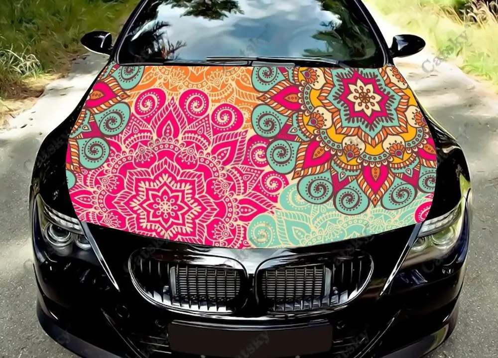 Mandala Pattern Car Hood Vinyl Sticker Wrap Engine Cover Decal Full Color Graphic Fit Any Auto Accessories Protective Film