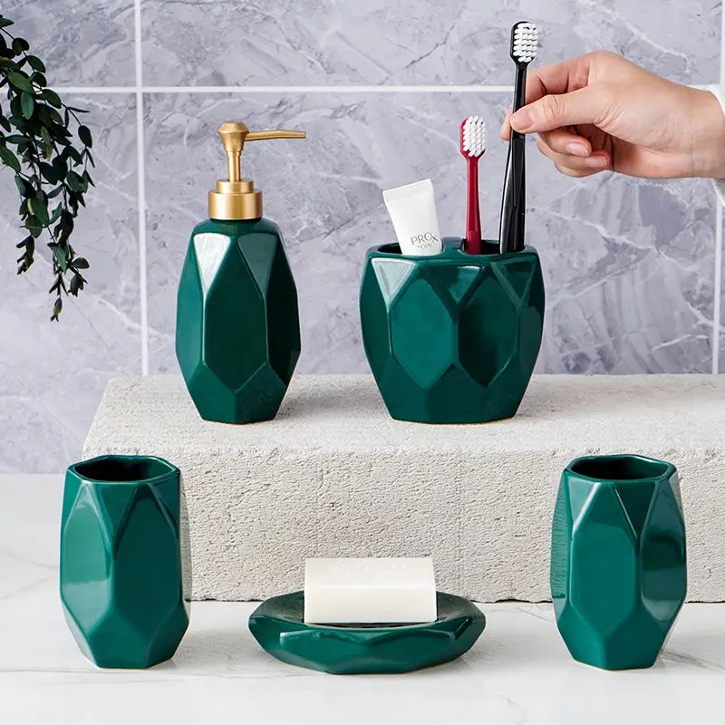 

Creative Diamond Ceramic Lotion Bottle Soap Dispenser Mouthwash Cup Soap Dish Bathroom Accessories Household Toothbrush Holder