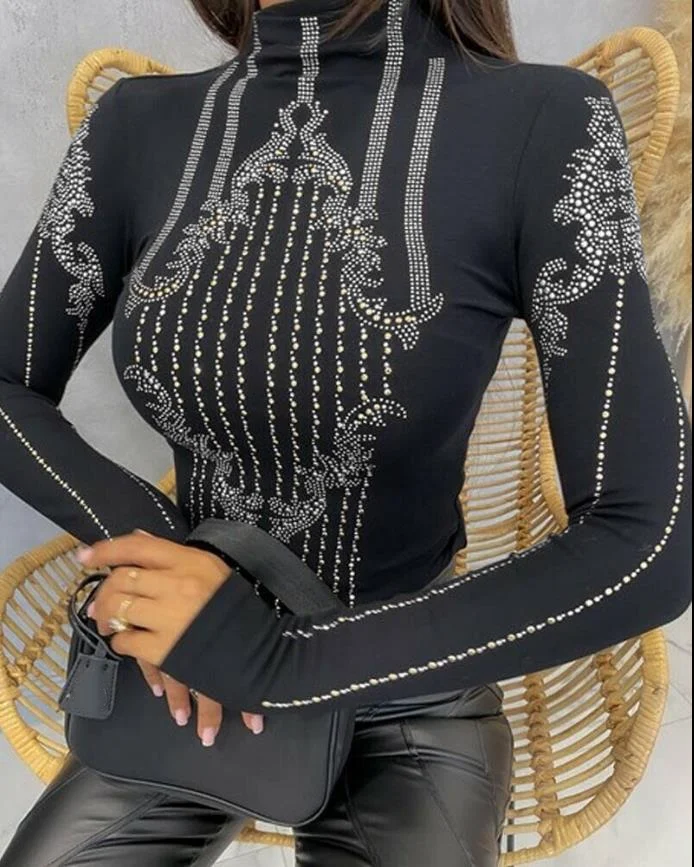 

Summer Fashion New Water Diamond Decoration Long Sleeved Top Elegant and Elegant Style Commuter Hot Diamond Slim Fit Top